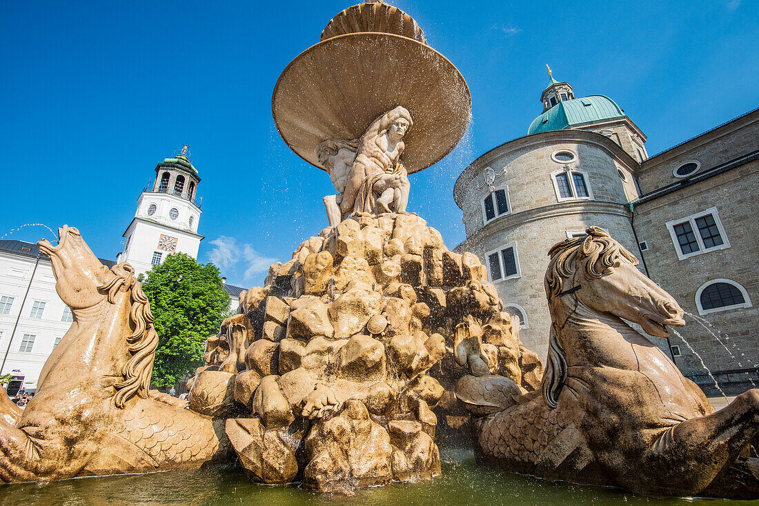 Residenz Fountain, New Residence And Cathedral In Salzburg, Austria