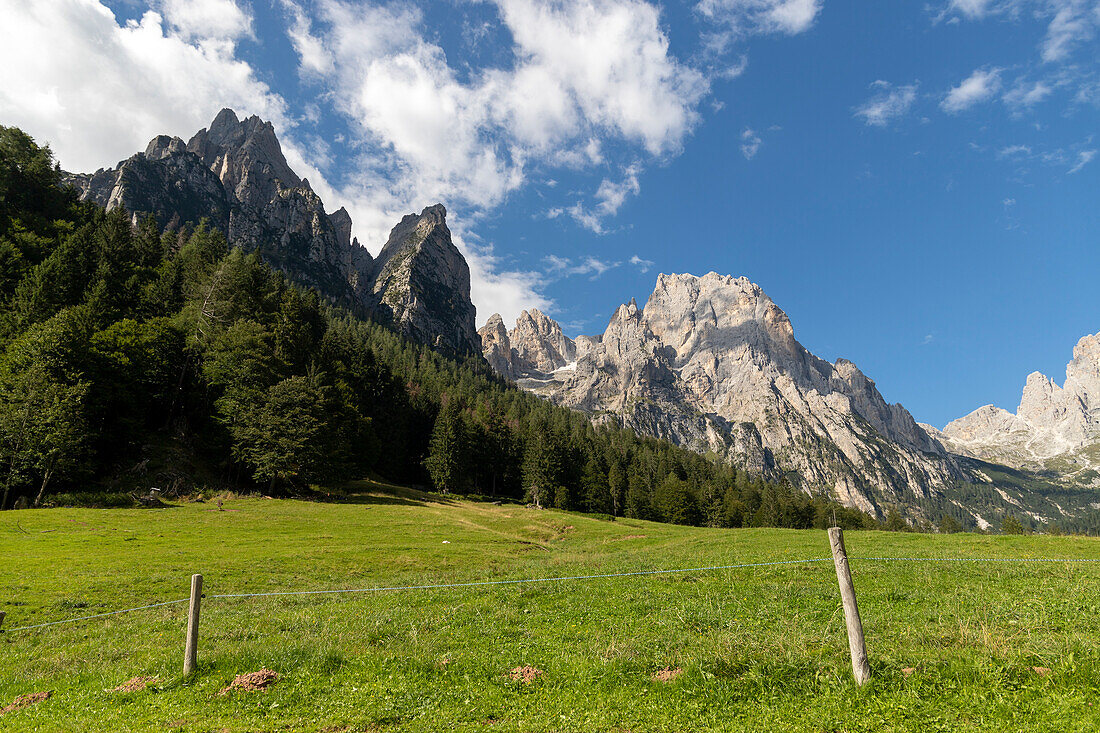 Val Canali, a suggestive valley in the Trentino Dolomites that extends south of the imposing Pale di San Martino. Trento district, Italy.