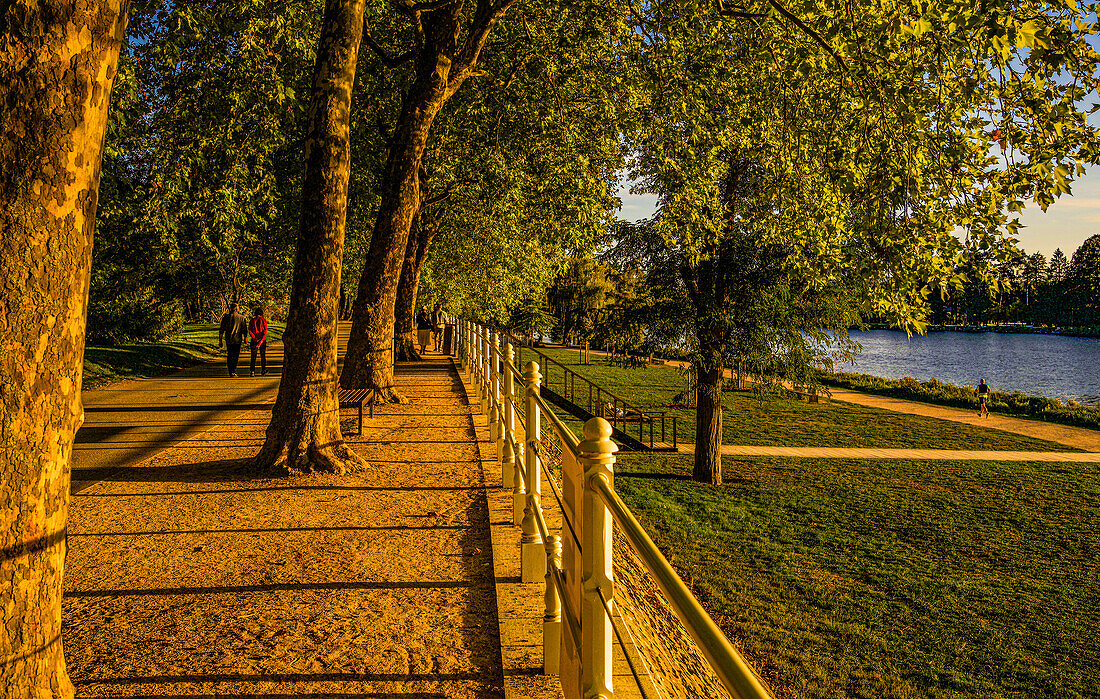 Strollers and joggers in the evening light, Promenade de Allier and Parc Napoléon III, Vichy, Auvergne-Rhone-Alpes, France