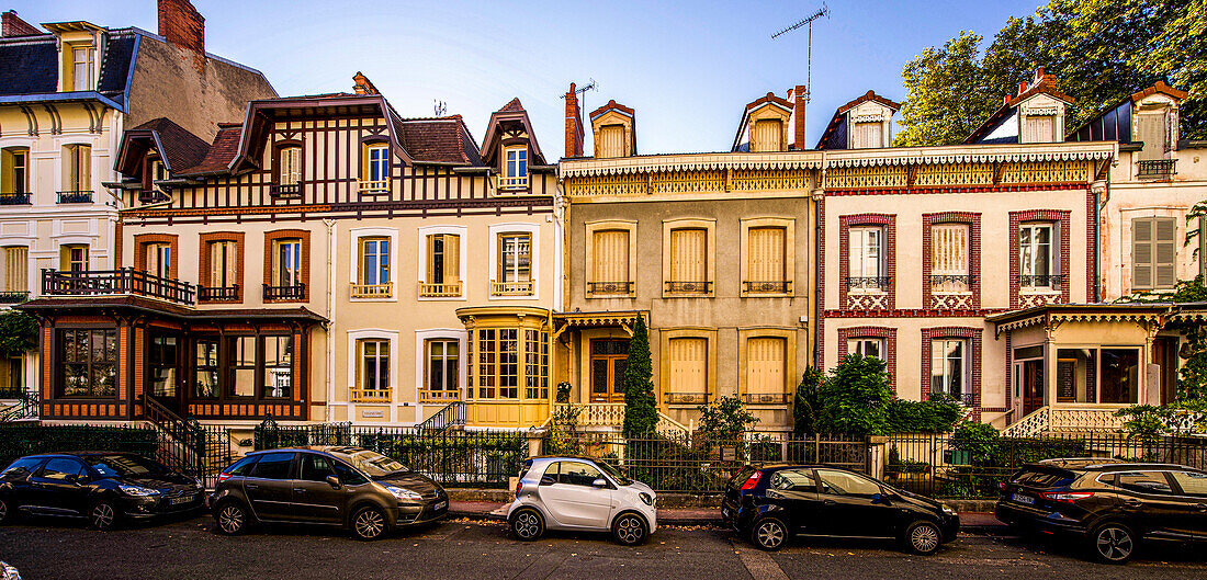 English style houses on rue Alquié built for officers of the Imperial Guard at the time of Napoleon III, Vichy, Auvergne-Rhône-Alpes, France