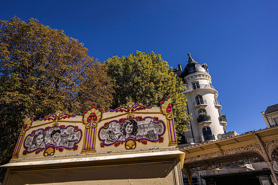 In the spa district of Vichy: decor of a historic carousel, gallery in the Parc des Sources, Belle Epoque period buildings, Vichy, Auvergne-Rhône-Alpes, France
