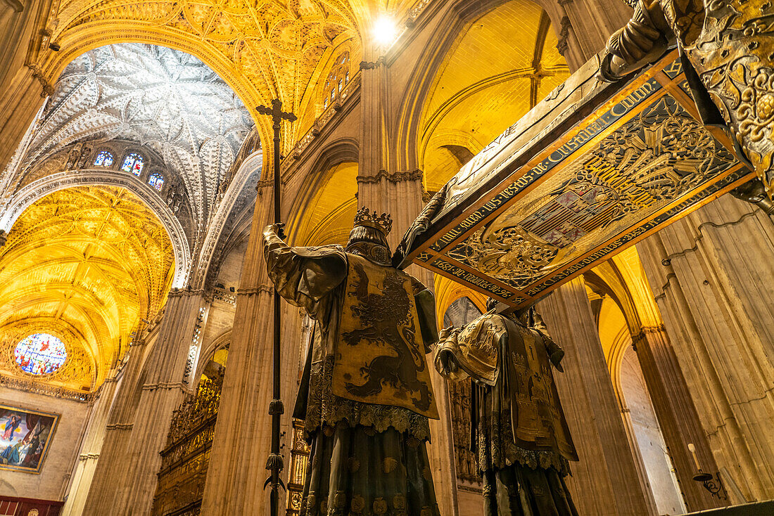 Sarcophagus of Christopher Columbus in the interior of the Santa María de la Sede Cathedral in Seville, Andalusia, Spain