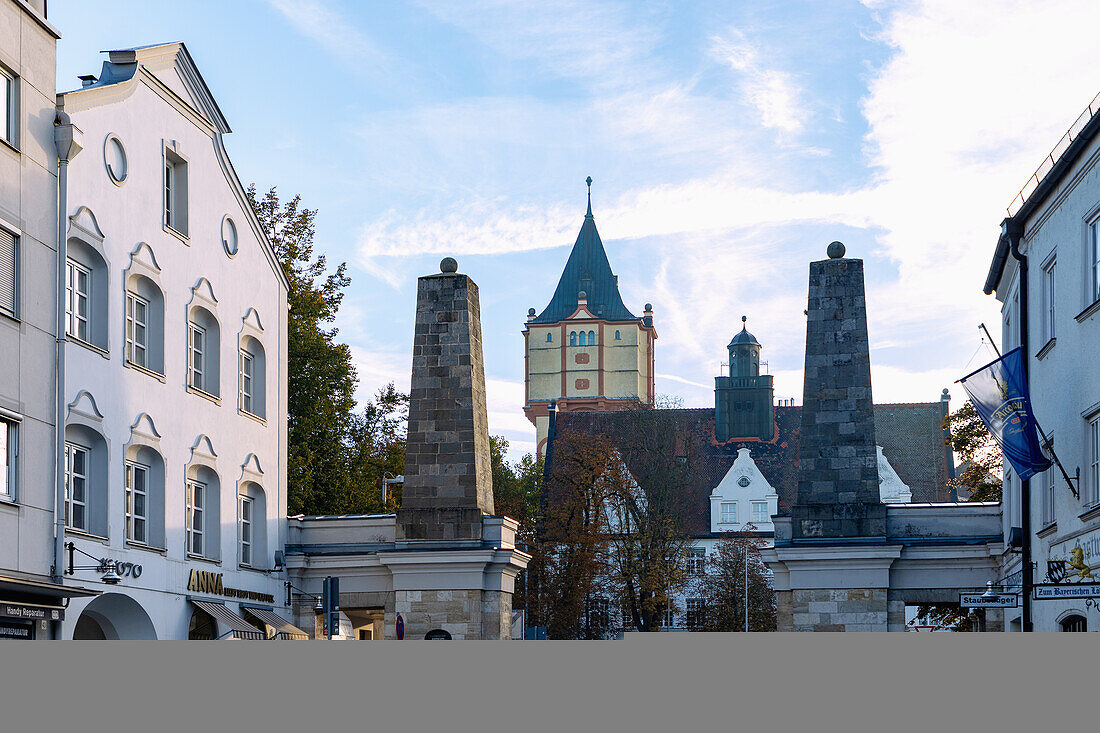 Classical Ludwigstor to Stetthaimer Platz with historic water tower in Straubing in Lower Bavaria in Germany