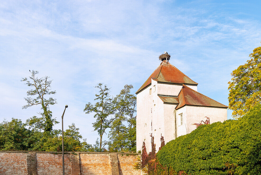 Weytterturm mit Storchennest und Stadtbefestigung in Straubing in Niederbayern in Deutschland