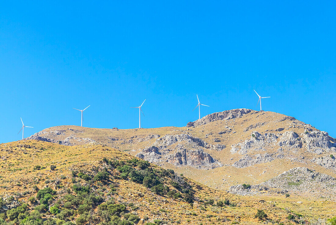 Wind turbines generating electricity, Kerames, Rethymno, Southern Crete, Crete, Greek Islands, Greece