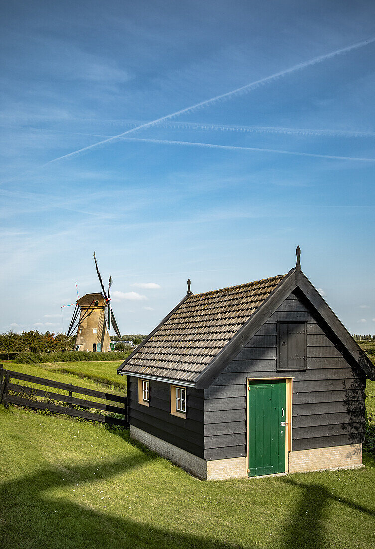 Windmühlen von Kinderdijk, davor Bauernhaus, blauer Himmel, Holland, Niederlande, Europa