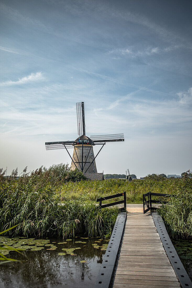 Windmill of Kindedijk in the Netherlands on the water with the blue sky in the background and a wooden bridge in the foreground