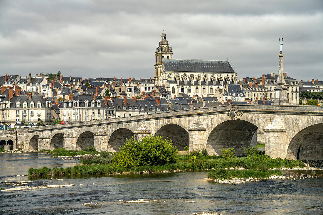 Cityscape with the bridge over the Loire and the Saint-Louis Roman Catholic Cathedral, Blois, France