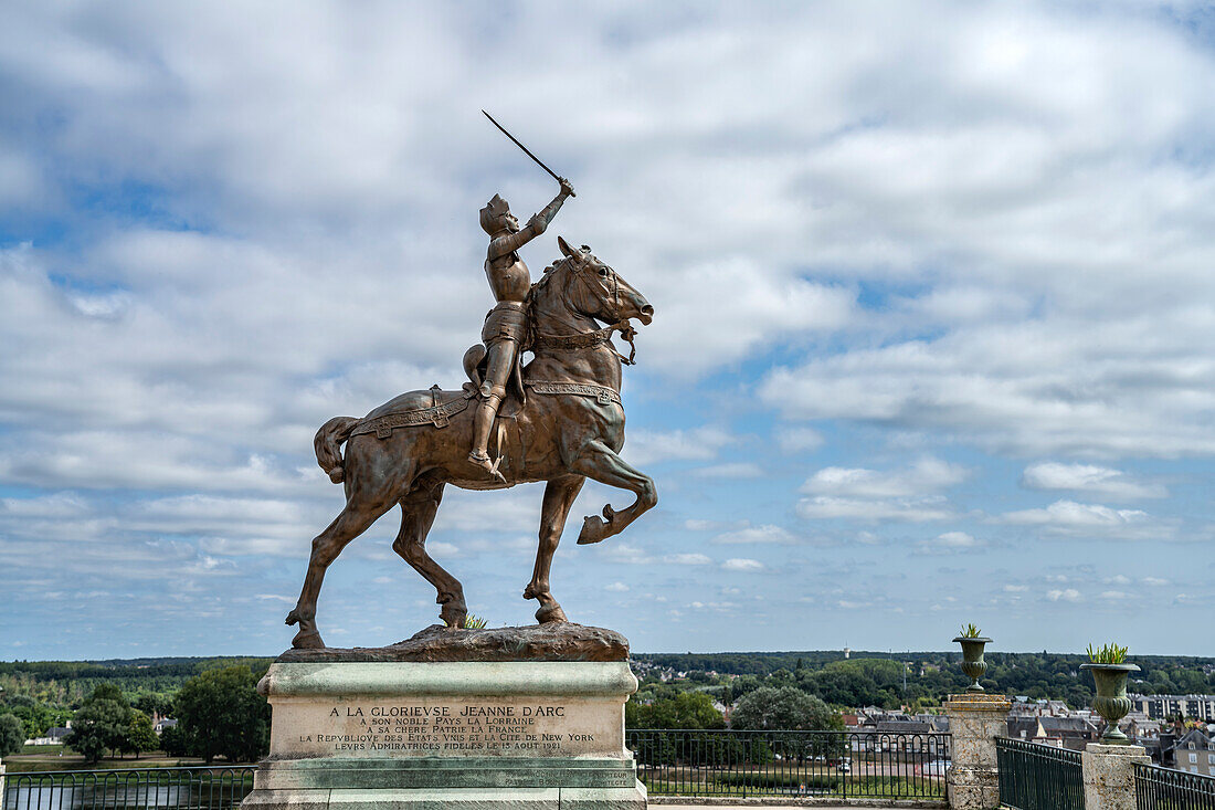 Equestrian statue of Joan of Arc in Les Jardins de l'Évêché park in Blois, France