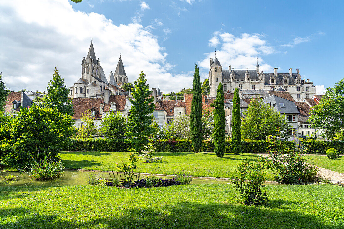 The Jardin Public city park, Saint-Ours Church and Logis Royal, Loches Castle, Loire Valley, France