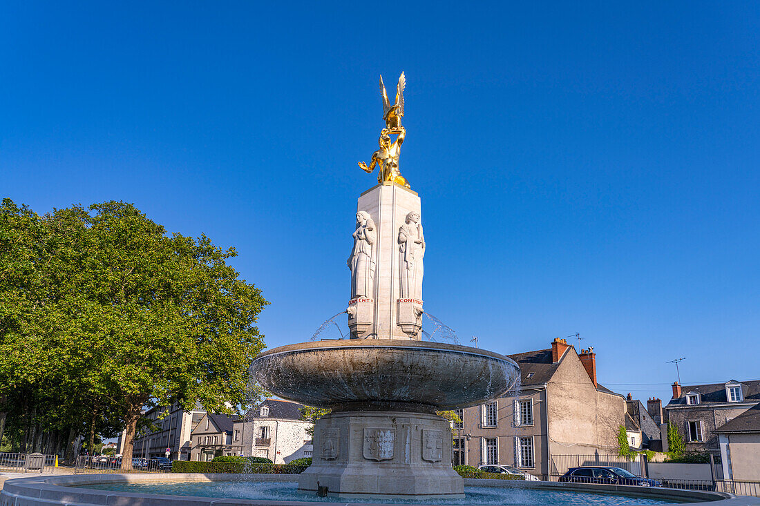 Gold statue of a Native American with eagle on the Tours American Monument fountain, Tours, Loire Valley, France