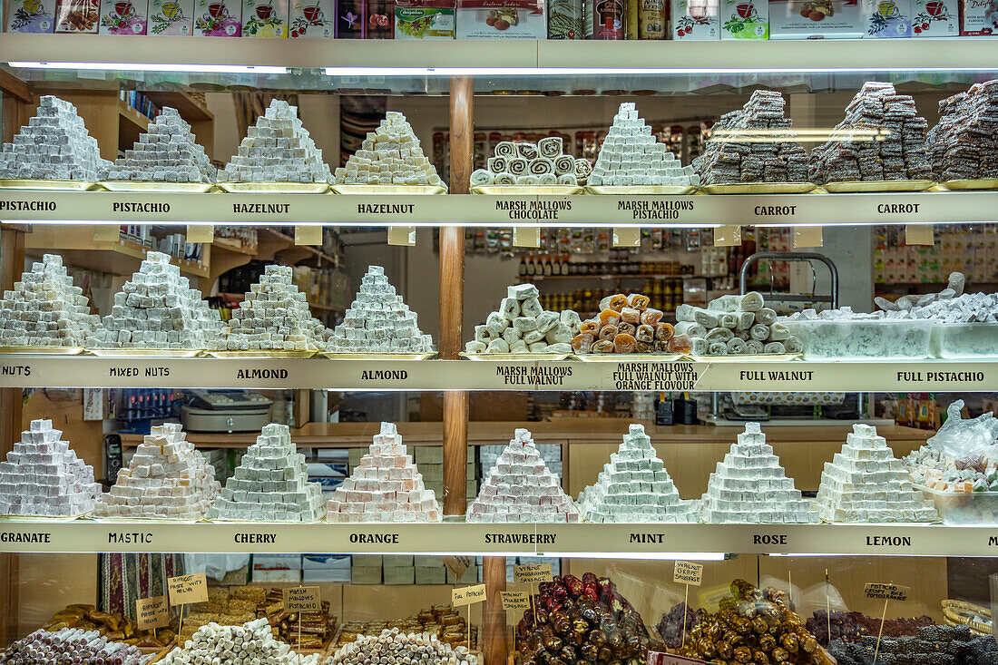 Turkish sweets in a shop window, North Nicosia or Lefkosa, Turkish Republic of Northern Cyprus, Europe