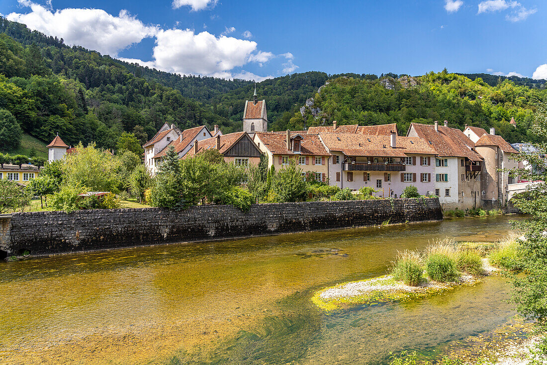 The historic town of Saint-Ursanne and the Doubs river, Switzerland, Europe