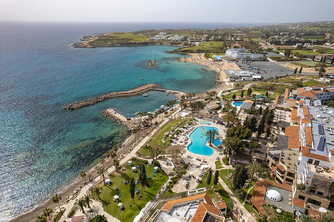 Coral Bay beach and hotels seen from the air, Cyprus, Europe