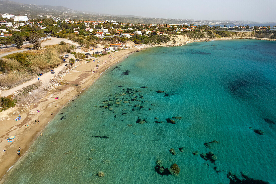 Coral Bay beach seen from the air, Cyprus, Europe