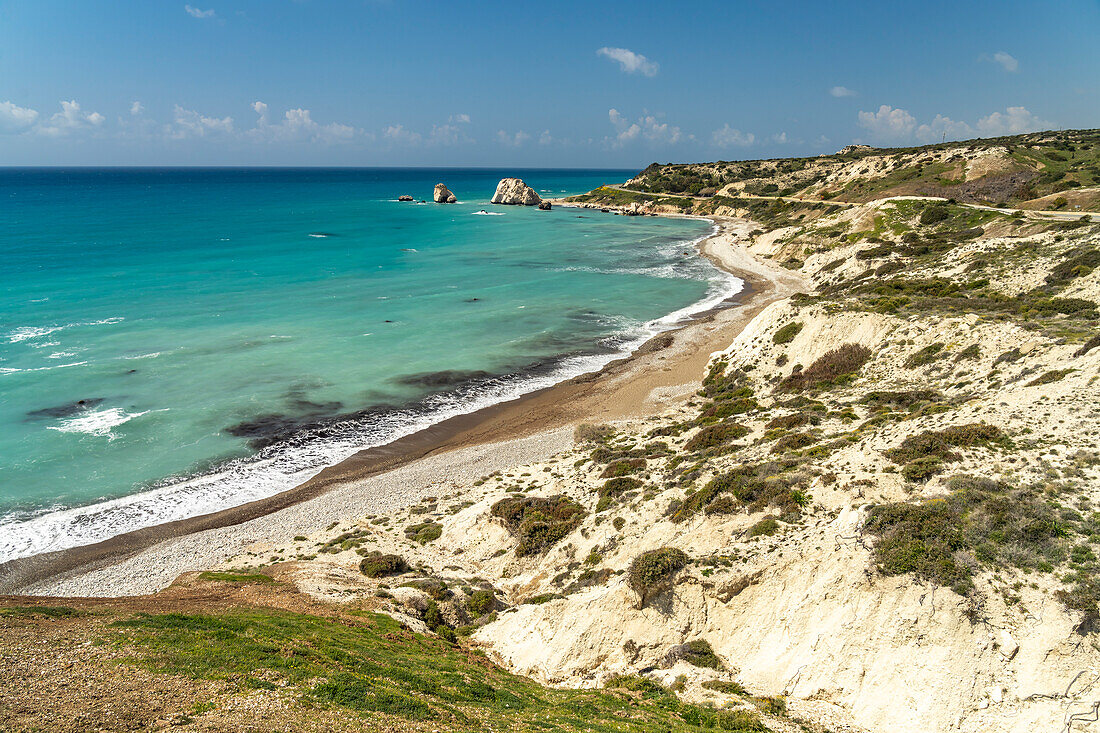 Beach of Petra tou Romiou, the Rock of Aphrodite in Kouklia near Paphos, Cyprus, Europe