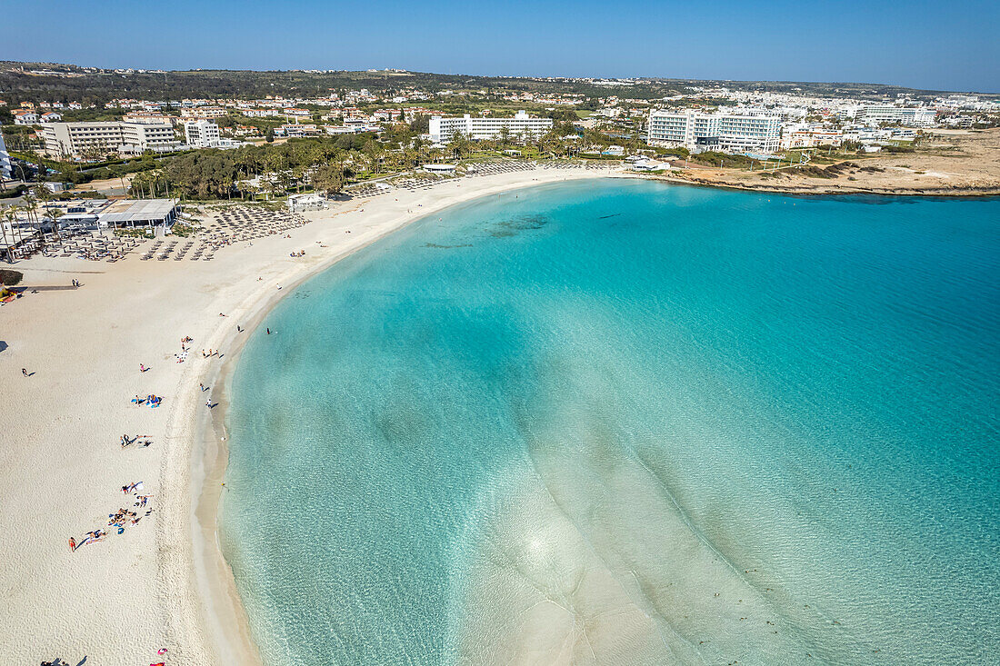 Nissi Beach seen from the air, Cyprus, Europe