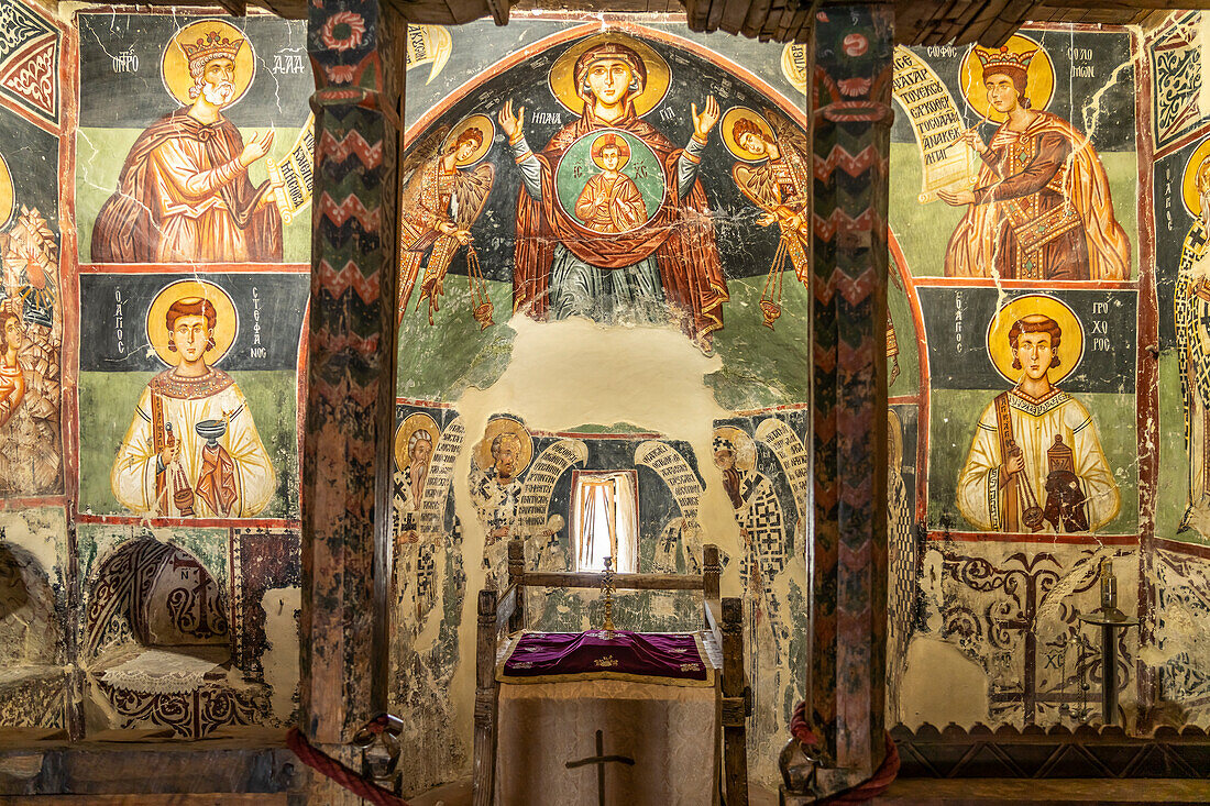 The painted interior of the barn roof church of Archangelos Michail or Church of Archangel Michael in Pedoulas, Cyprus, Europe