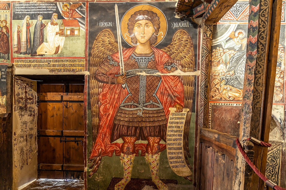 The painted interior of the barn roof church of Archangelos Michail or Church of Archangel Michael in Pedoulas, Cyprus, Europe