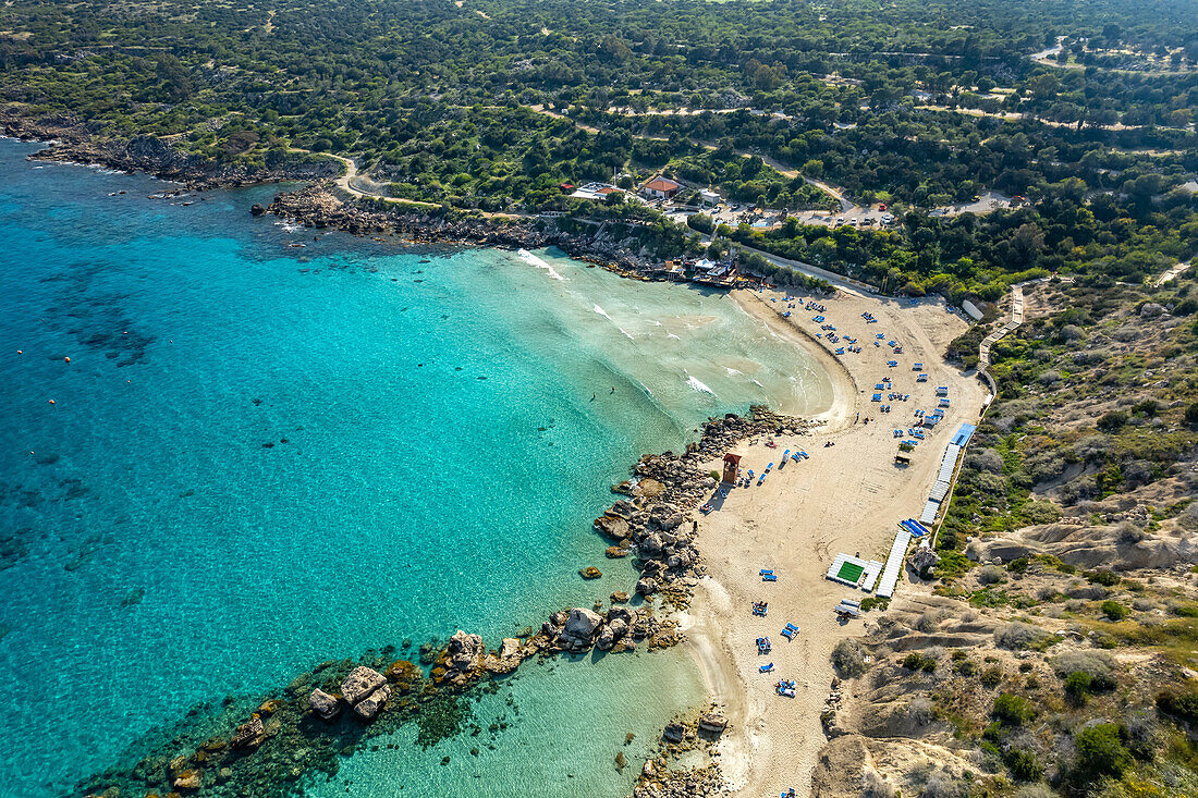 Konnos Beach in Protaras seen from the air, Cyprus, Europe