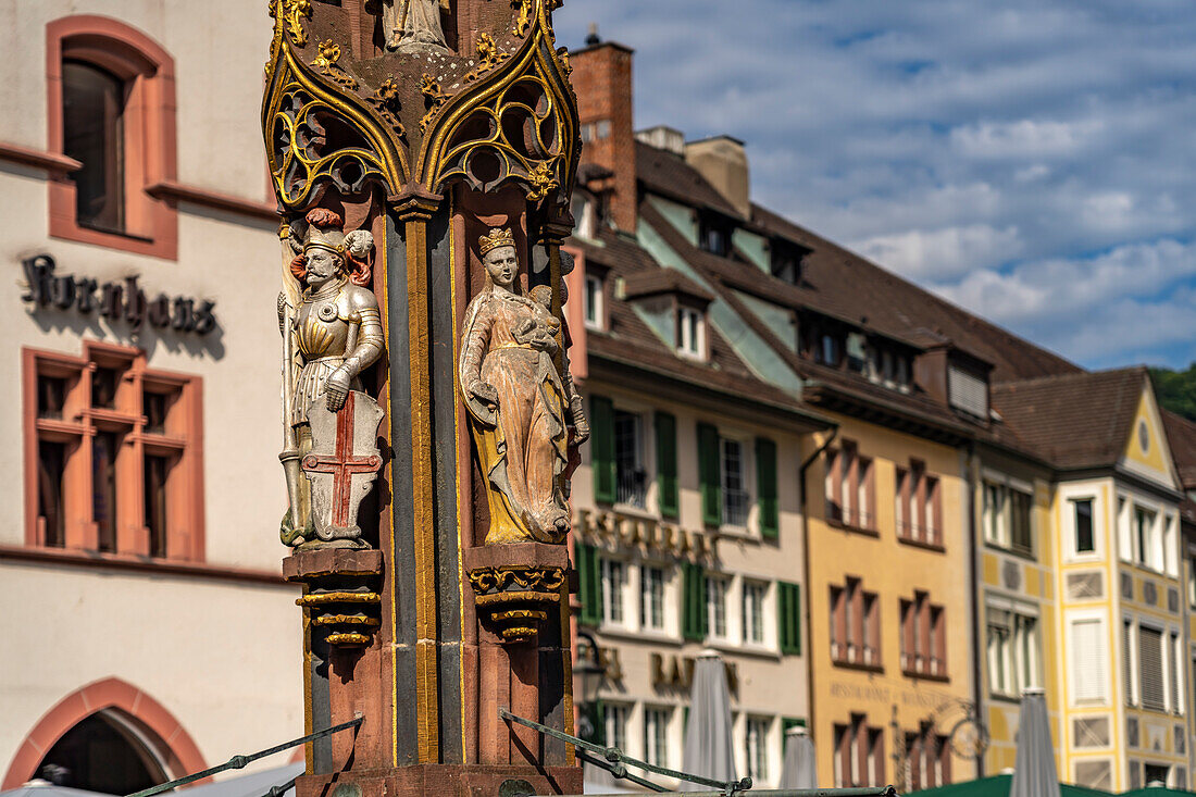 Fish fountain detail at Münsterplatz, Freiburg im Breisgau, Black Forest, Baden-Württemberg, Germany