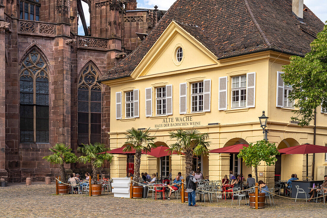 Alte Wache with the House of Baden Wines on Münsterplatz, Freiburg im Breisgau, Black Forest, Baden-Württemberg, Germany