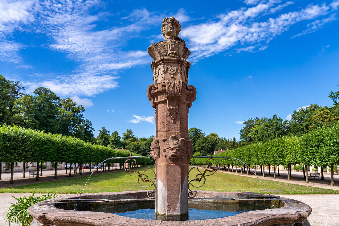 Statue of Margrave Ludwig Wilhelm von Baden on a fountain at Favorite Palace in Rastatt, Baden-Württemberg, Germany