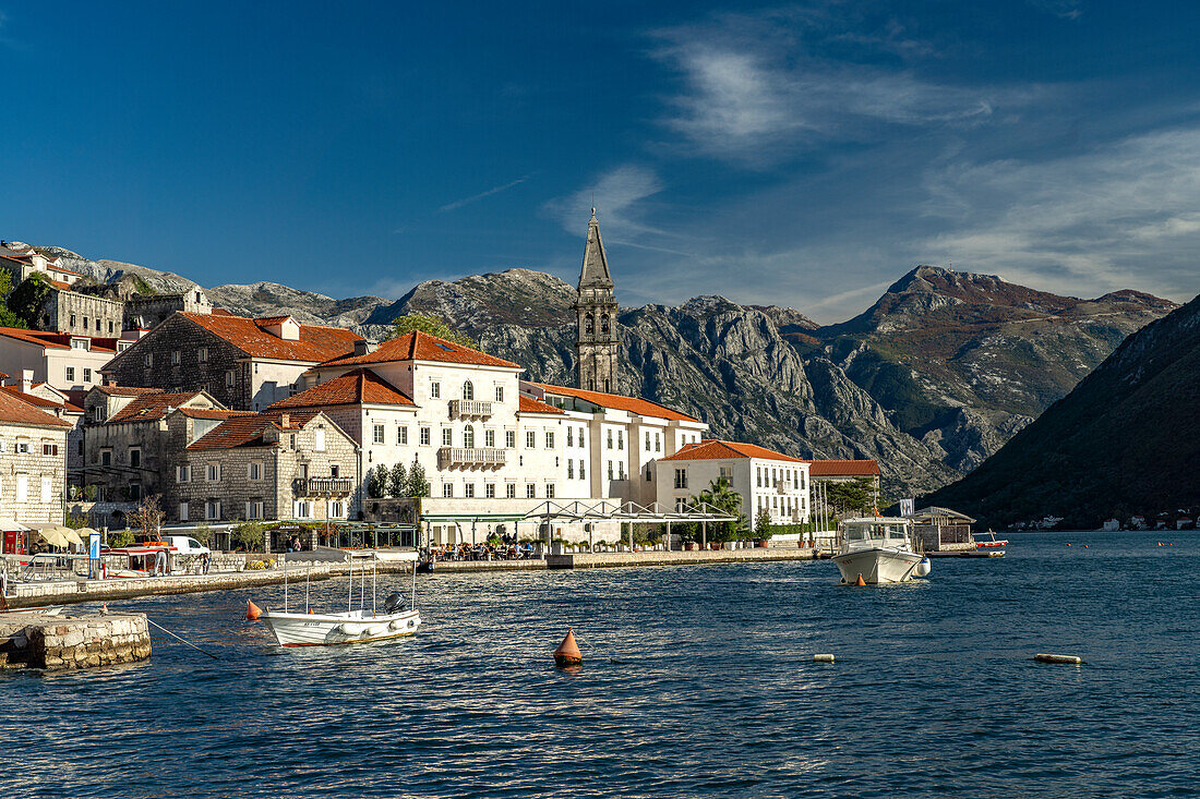 Perast with the Sveti Nikola Church on the Bay of Kotor, Montenegro, Europe