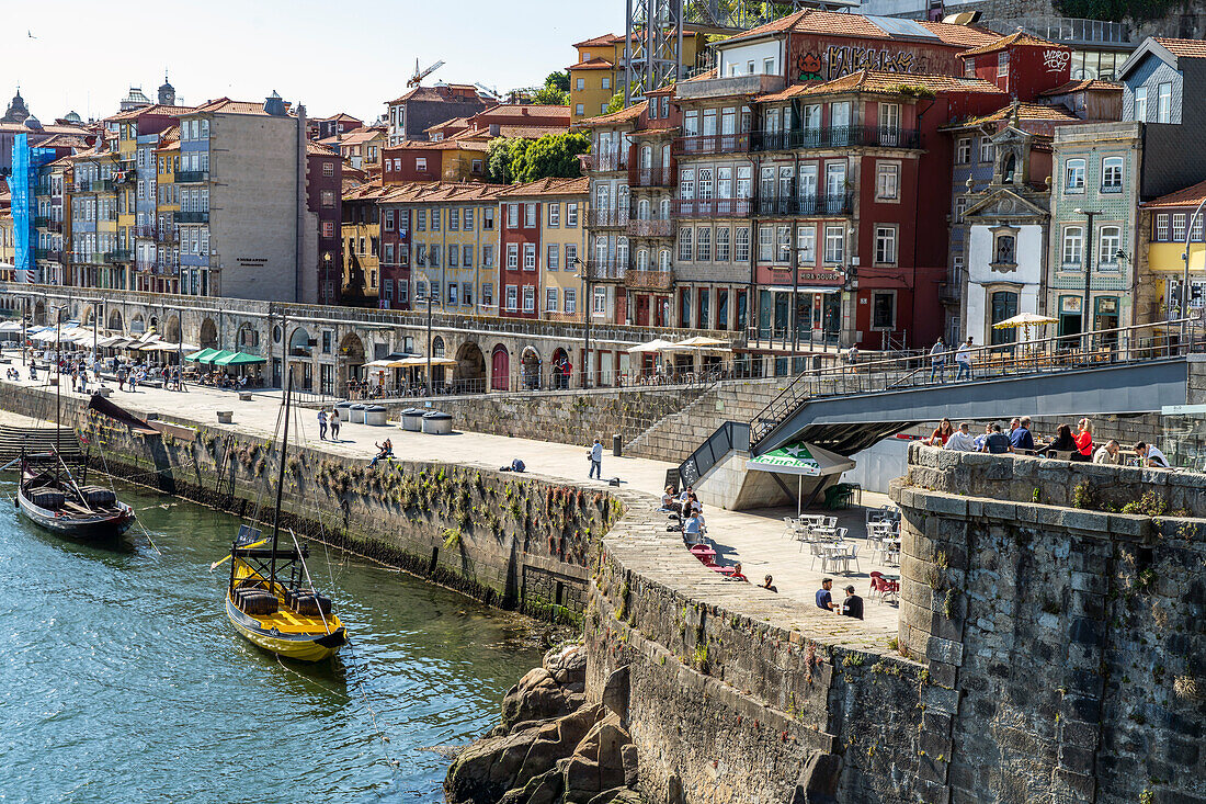 Douro promenade Cais de Ribeira in the old town of Porto, Portugal, Europe