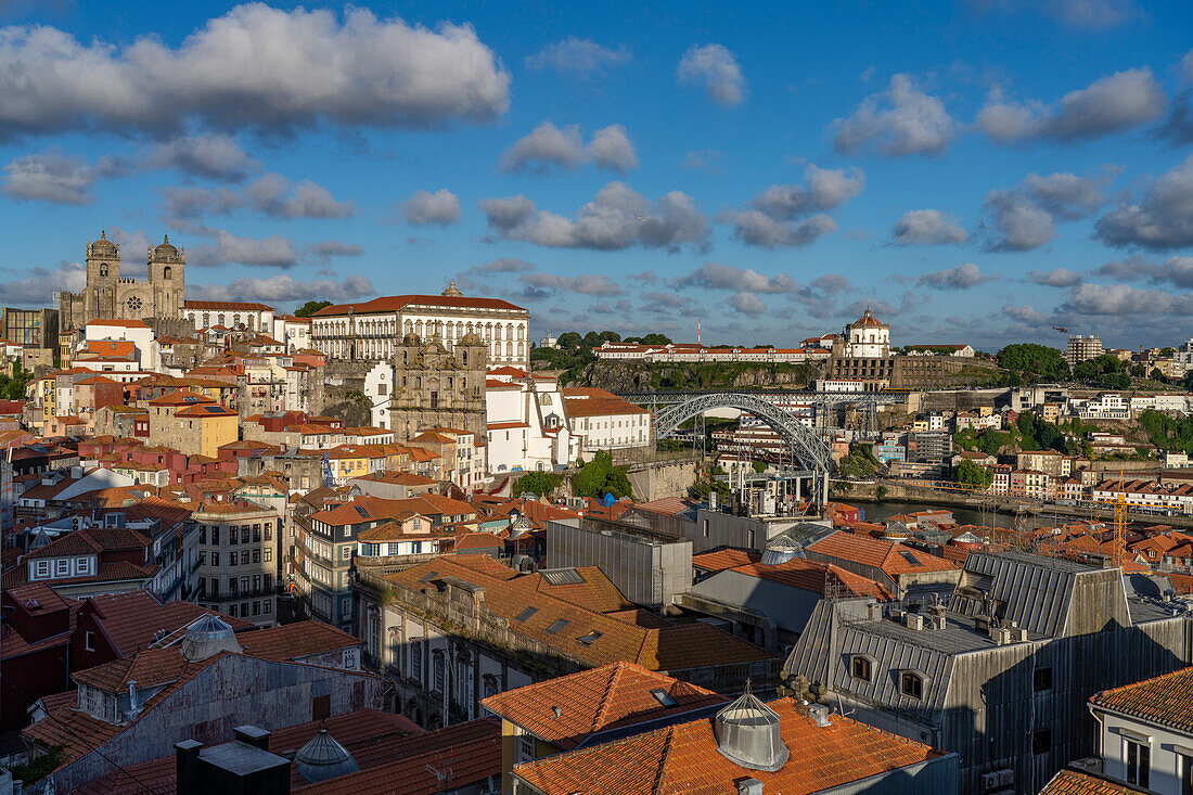 View from the Miradouro da Vitória of the old town with the Sé Cathedral, the Bishop's Palace Paço Episcopal and the Church Igreja Sao Lourenco - Convento dos Grilos, Porto, Portugal, Europe