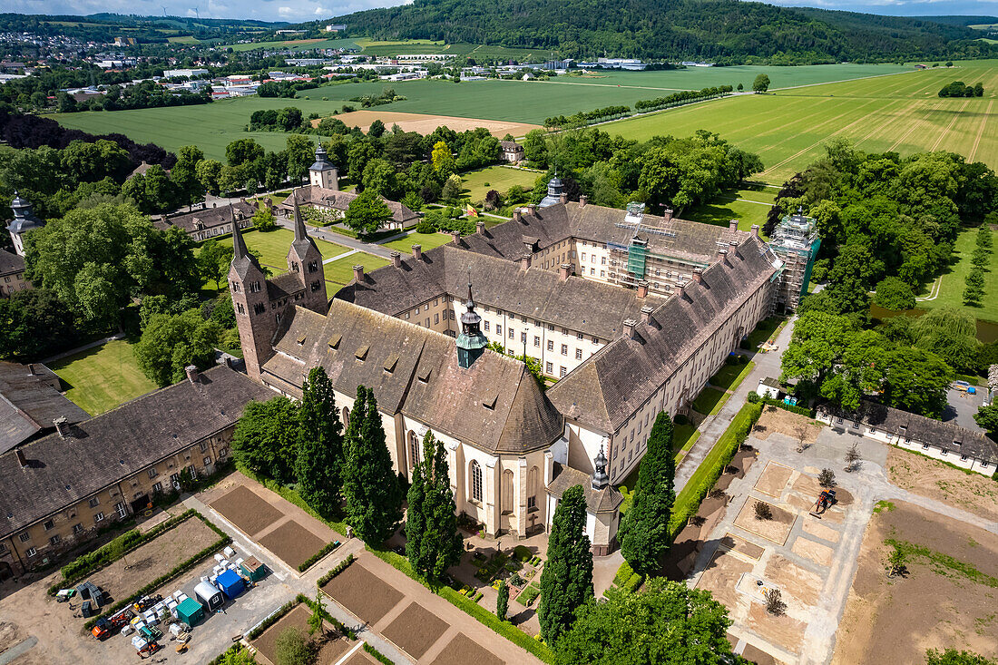 Corvey Castle, UNESCO World Heritage Site in Hoexter, seen from the air, North Rhine-Westphalia, Germany, Europe