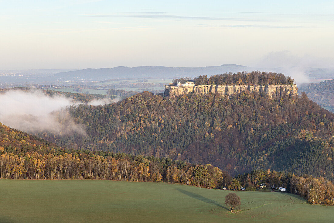 Nebelstimmung an der Festung Königsstein, Elbsandstein, Sächsische Schweiz, Elbe, Dresden, Sachsen