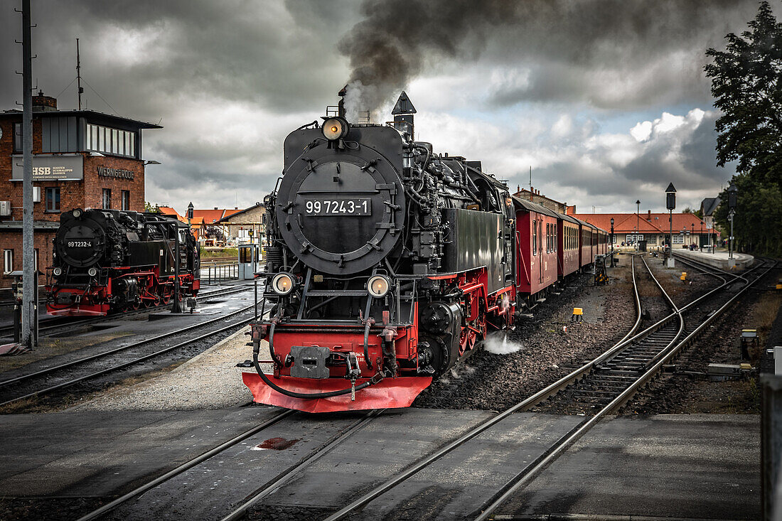Historische Schmalspurbahn am Bahnhof von Wernigerode, Harz, Sachsen-Anhalt, Deutschland