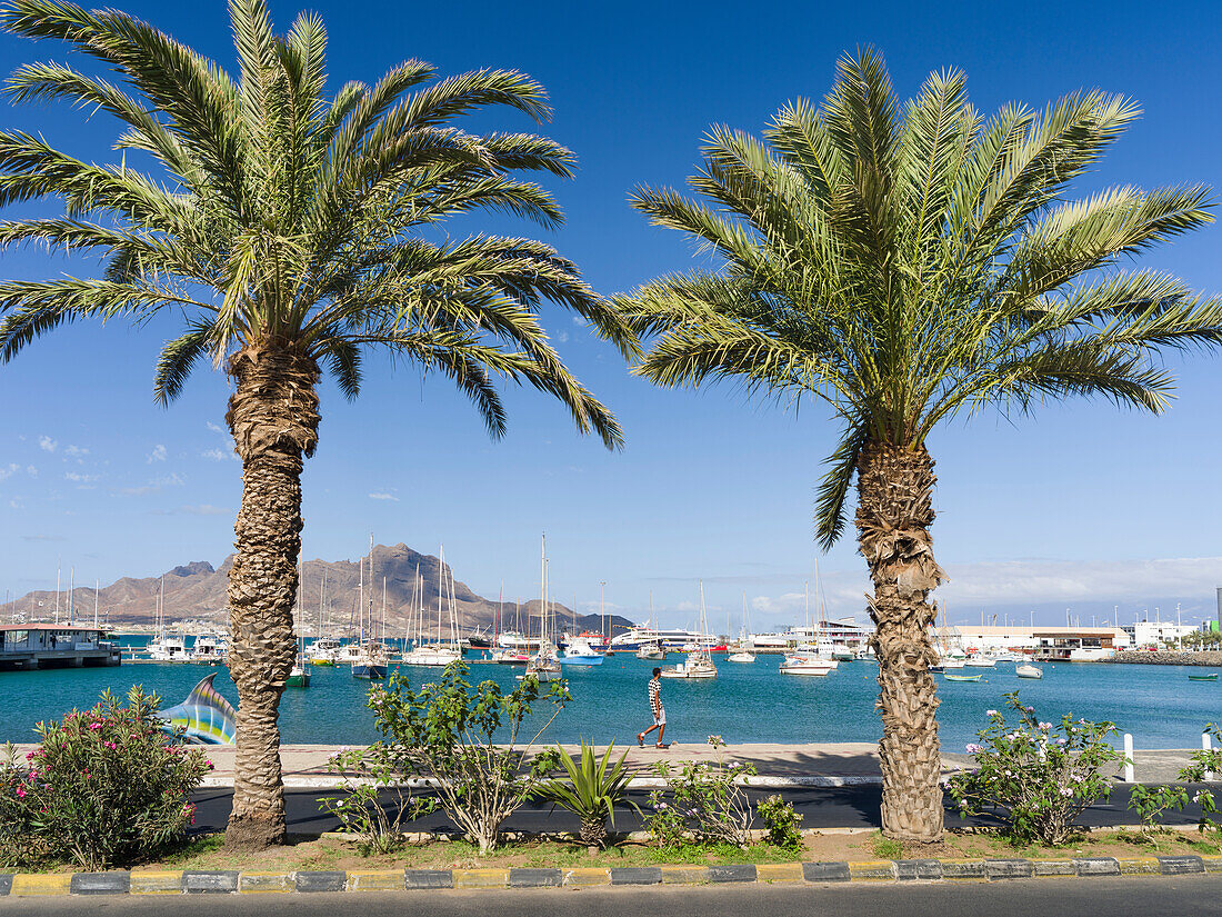View of Marina and Porto Grande. City Mindelo, a seaport on the island Sao Vicente, Cape Verde. Africa
