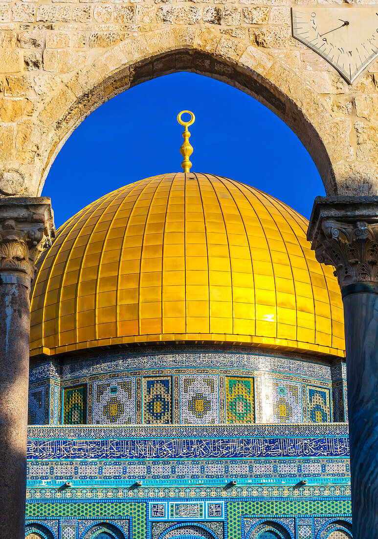 Dome of the Rock, Temple Mount, Jerusalem, Israel. built in 691 One of most sacred spots in Islam where Prophet Mohamed ascended to heaven on an angel in his 'night journey'. The Dome covers the rock where Abraham was to sacrifice Isaac.