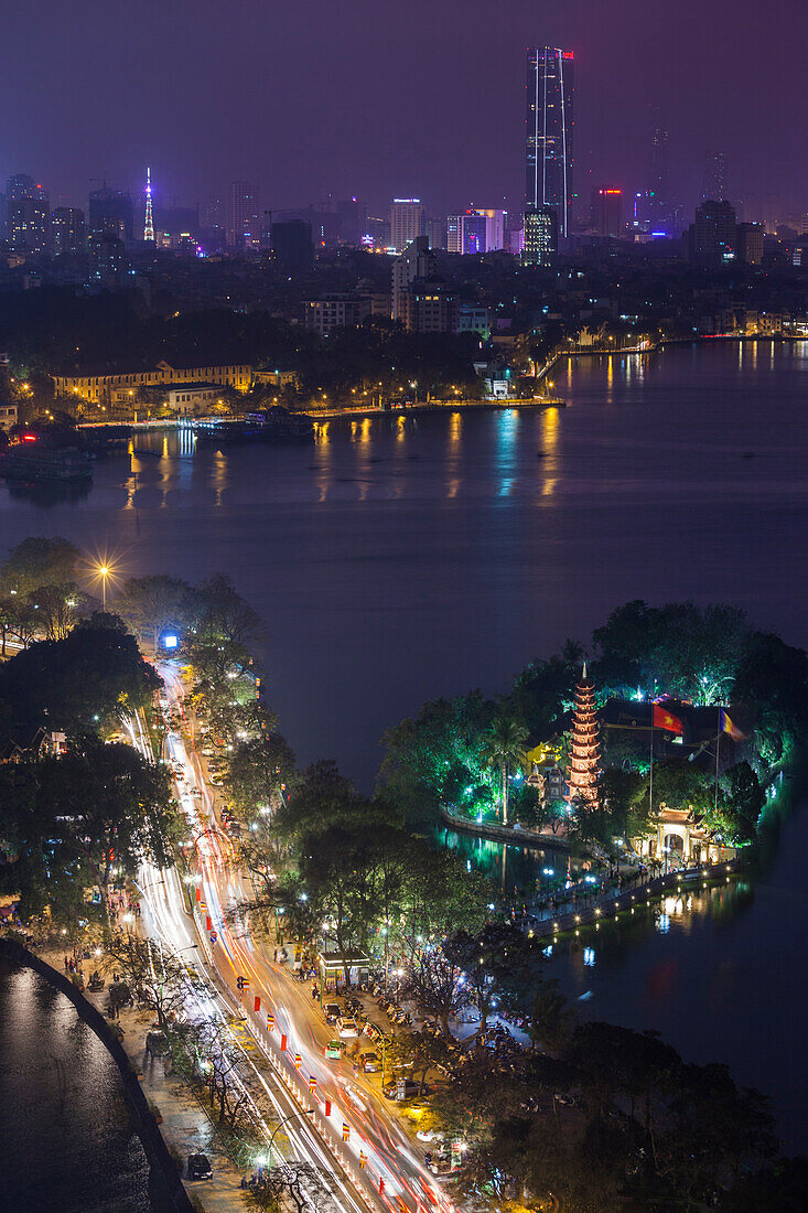 Vietnam, Hanoi. Elevated city view by Tay Ho, West Lake, dusk