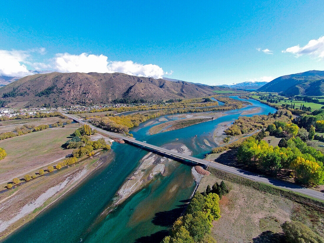 New Kurow Bridge over Waitaki River, Kurow, Waitaki Valley, North Otago, South Island, New Zealand, drone aerial