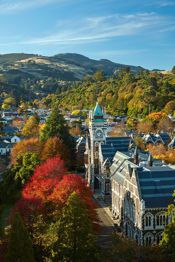 Clock Tower, Registry Building, University of Otago im Herbst, Dunedin, Südinsel, Neuseeland