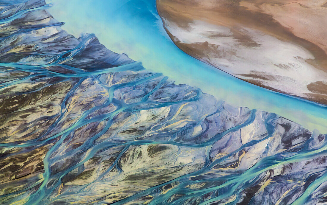 Canada, Yukon, Kluane National Park. Abstract aerial of mountains and Slims River