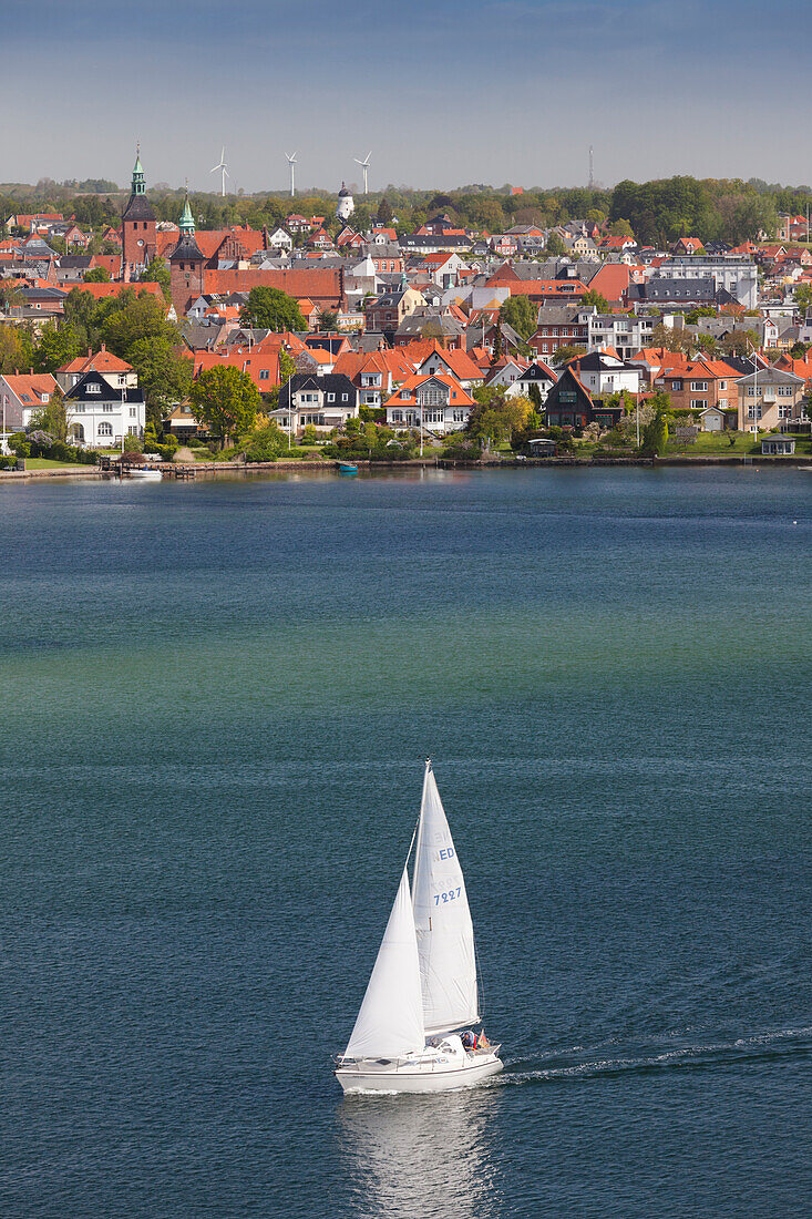 Denmark, Funen, Svendborg, elevated town view with sailboat