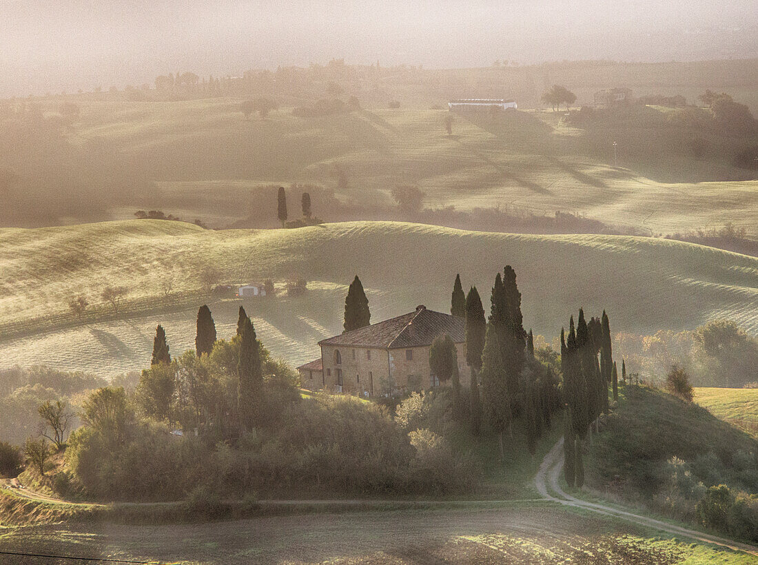 Italy, Tuscany, Morning light filters through the fog at Belvedere House