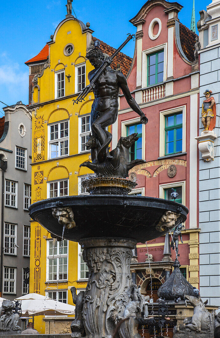 Neptune's Fountain, built in the early 17th century, is a mannerist-rococo masterpiece in Gdansk, Poland.