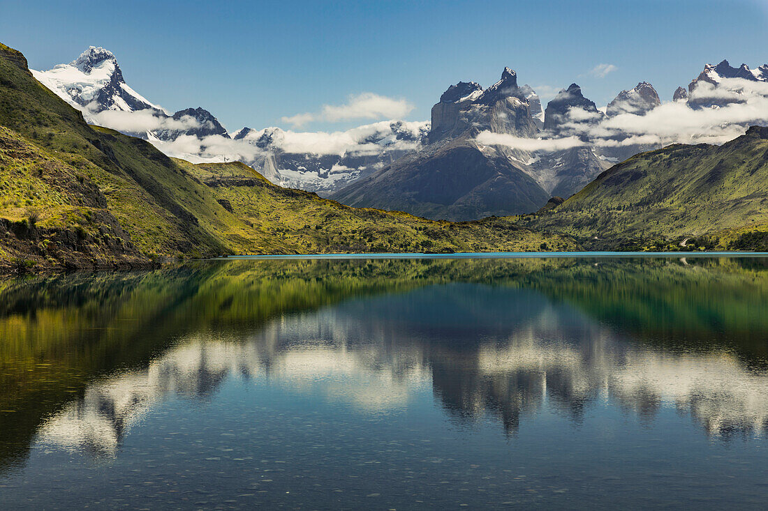 Cuernos del Paine (Horns of Paine) reflecting on lake, Torres del Paine National Park, Chile, Patagonia