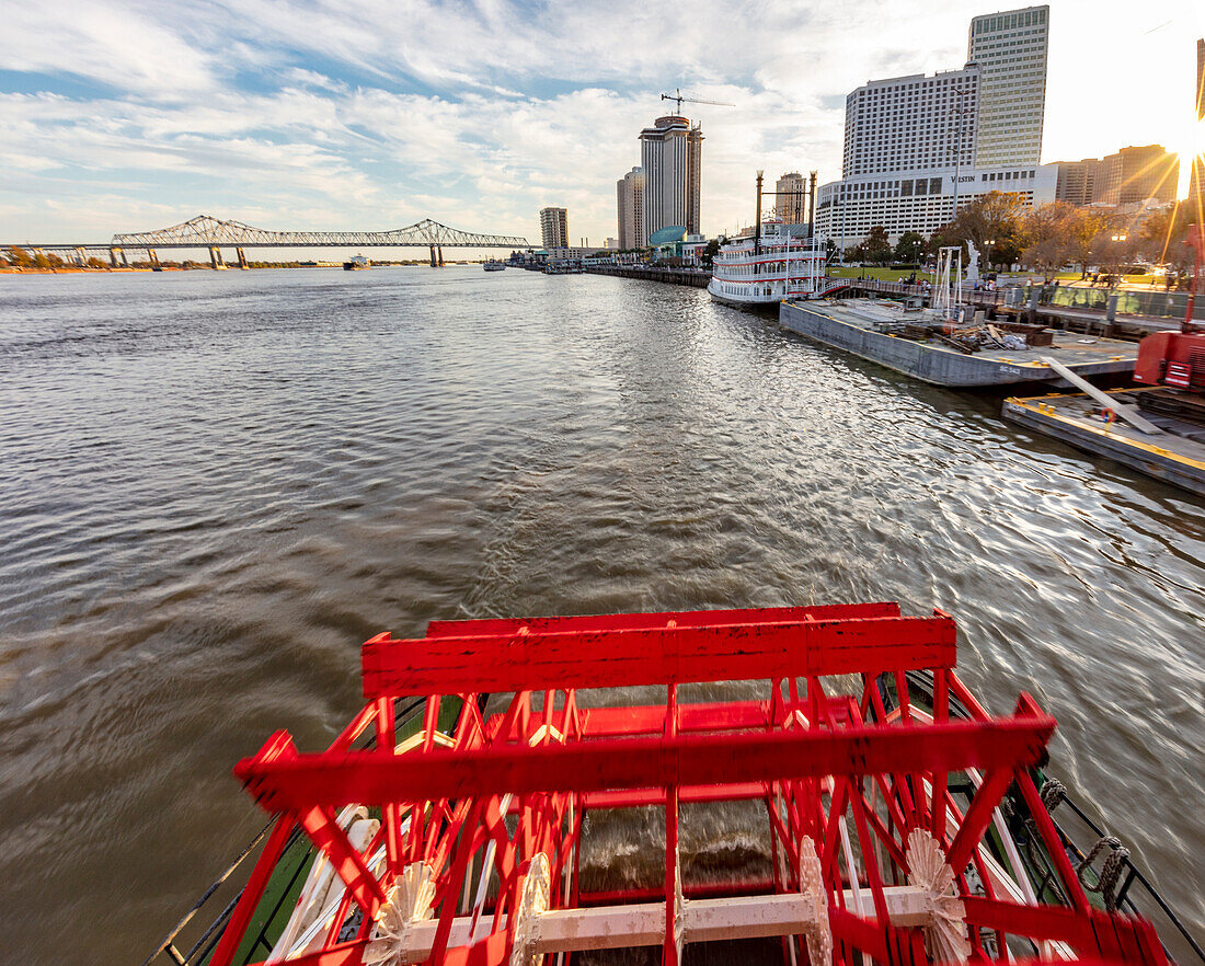 Paddle wheel in motion on the historic steamboat The Natchez in New Orleans, Louisiana, USA
