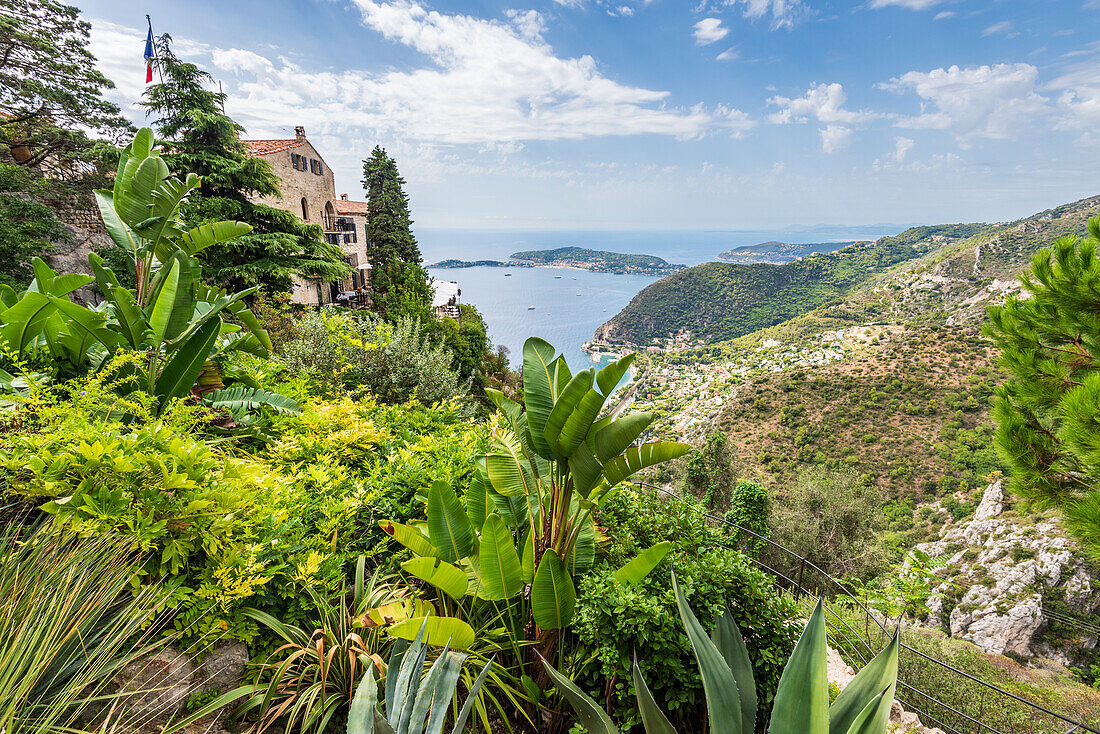 View from the Jardin Exotique d'Èze on the hilltop village of Èze and the French Riviera, Provence, France