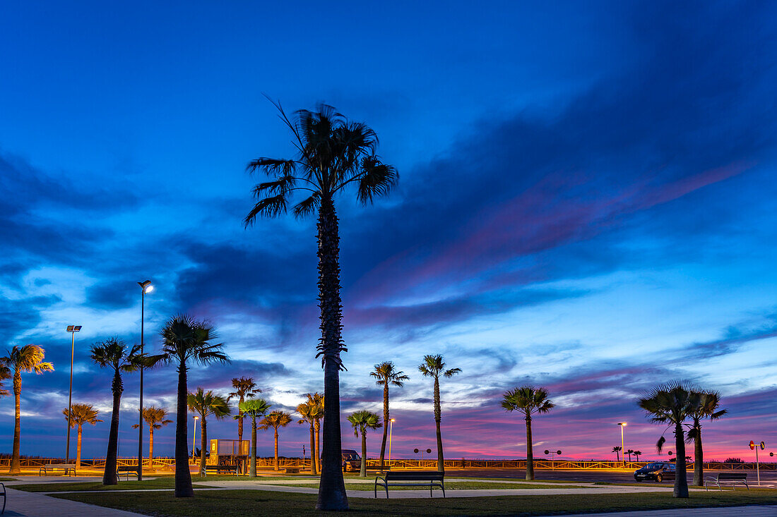 Sunset at the beach promenade Conil de la Frontera, Costa de la Luz, Andalusia, Spain