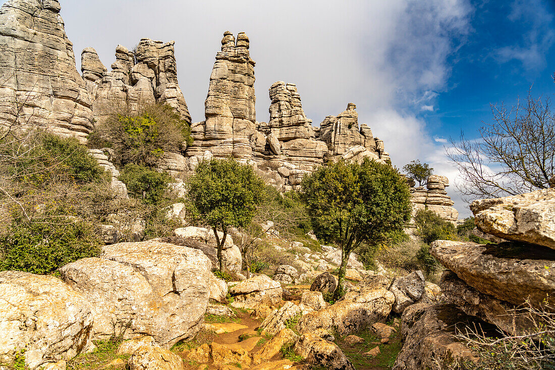 Wanderweg durch die außergewöhnlichen Karstformationen im Naturschutzgebiet El Torcal bei Antequera, Andalusien, Spanien 