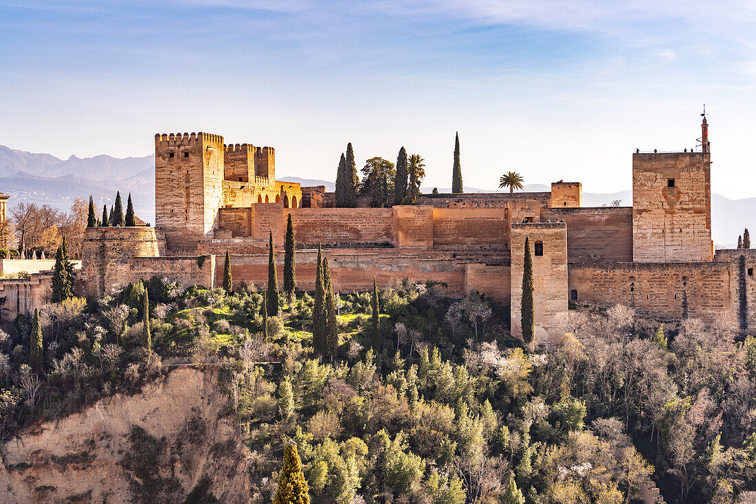 View of the Alhambra from Mirador de San Nicolas in Granada, Andalusia, Spain