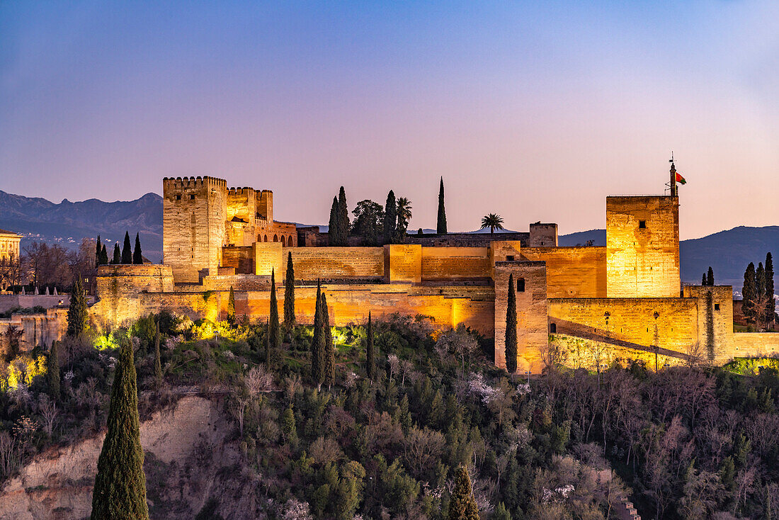 View from Mirador de San Nicolas of the Alhambra at dusk, Granada, Andalusia, Spain