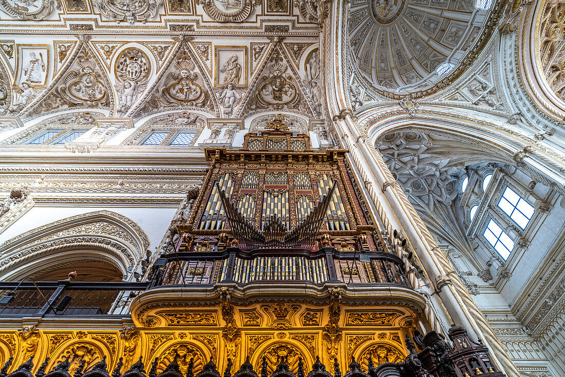 Organ and dome in the interior of the Cathedral - Mezquita - Catedral de Cordoba in Cordoba, Andalusia, Spain